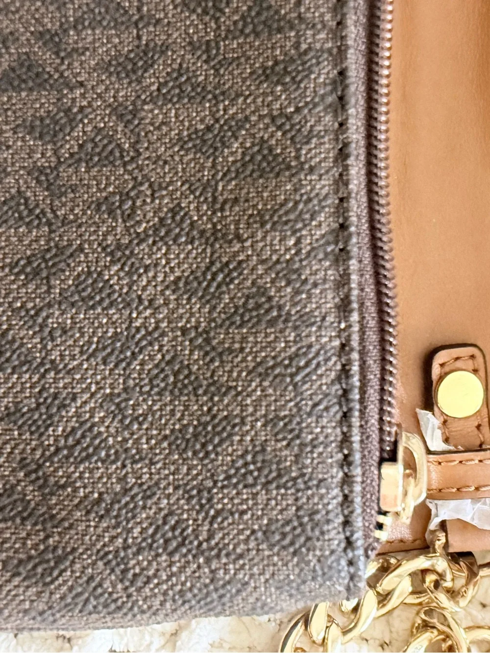 Michael Kors Fulton Brown Logo Crossbody with Gold MK Emblem and Chain